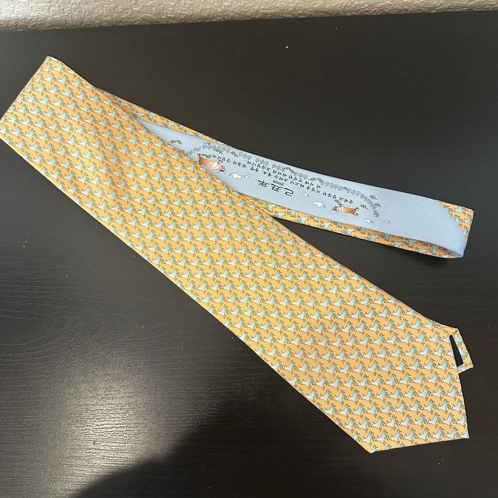 Korea Institute Of Science Men’s Tie‎ Mini Bull Print Yellow Blue Happy CEO Silk